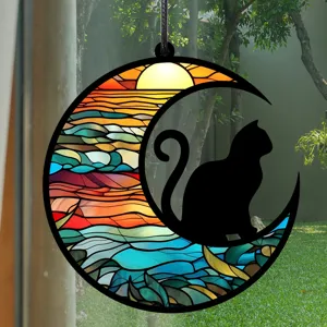 Buntglas Katze Mond Fensterhänger Sonnenfänger Ornament für Wohnkultur Innenbereich.