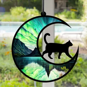 Mond Katze Hängeschild, Acryl UV-Druck Fenster Ornament mit Nordlicht Landschaftsdesign.