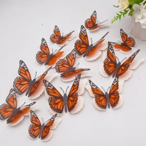 3D holle pearlescent papieren vlinder muurstickers, oranje monarch vlinder home decor 12st