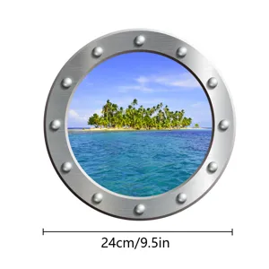 Close-up detail view of the 24cm round tropical island ocean porthole wall sticker.