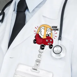 Retractable badge reel featuring a funny goose driving a red car design, ideal for ID cards.