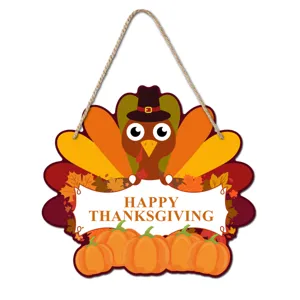 Thanksgiving turkey wooden hanging sign with pumpkins and autumn leaves for holiday party decor.