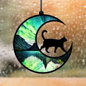 Runde Katzen-Mond-Hängeornament, UV-gedruckte Landschaft Acryltafel für Heimdekor Detail.