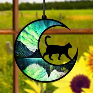 Mondsichel schwarze Katze Hängeornament, Polarlicht Landschaft UV Druck Heim Dekor.