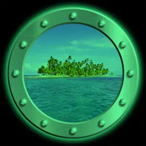 Luminous porthole wall sticker detail showcasing tropical island scene and glowing green rim effect.