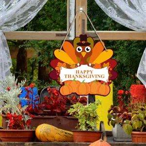 Thanksgiving wooden turkey hanging sign with pumpkins for porch holiday party decoration.