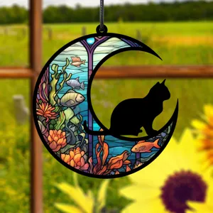 Buntglas Stil Mond Katze Hängeornament Detailansicht, Aquarium Fisch Design Acryltafel