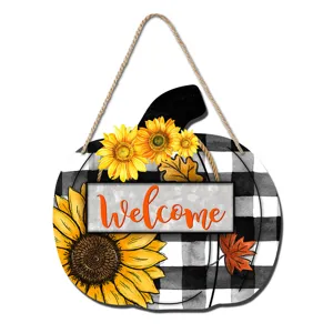 Pumpkin wooden hanging sign with buffalo plaid sunflowers for autumn Thanksgiving decor