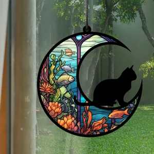 Buntglas Katze Mond Hängende Ornament Acryl Sonnenfänger Fenster Dekor für Haus Schlafzimmer Wohnzimmer