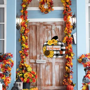 Fall Thanksgiving wooden pumpkin hanging sign with sunflowers buffalo plaid for porch decor.