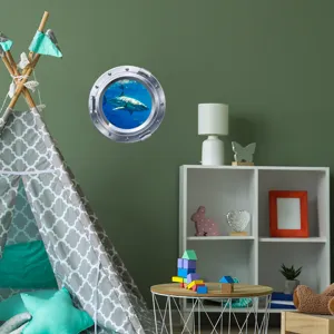 Ocean shark porthole wall sticker for kids room decor, removable waterproof vinyl home decal.