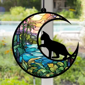 Buntglas Stil schwarze Katze auf Mondsichel Hängeornament für Fenster und Heimdekoration.
