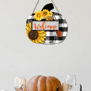 Thanksgiving wooden pumpkin hanging sign, black and white plaid with sunflower decor for wall.