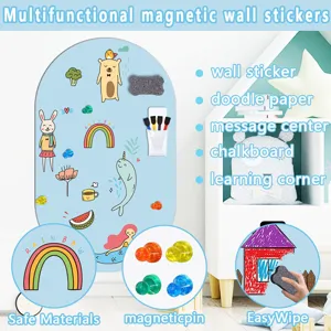 Detailansicht des multifunktionalen magnetischen Wandaufklebers mit Malpapier und Stiften.