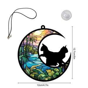 Buntglas Mond und Katzen Fensterhaenger Ornament mit Saugnapf und Lanyard fuer die Innendeko.
