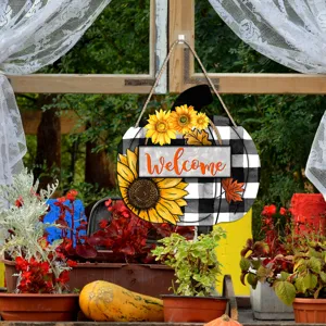 Fall pumpkin wooden hanging sign with sunflowers and buffalo plaid for autumn home decor.