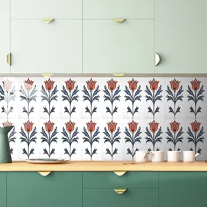 Dettaglio adesivo per piastrelle retrò tulipano per decorazione murale di cucina e bagno.
