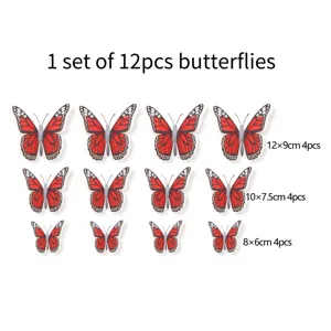 Gedetailleerd uitzicht van 3D vlinder muurstickers, set van 12 stuks in verschillende maten.