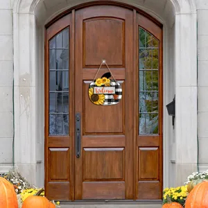 Autumn pumpkin wooden hanging sign for front door decor with sunflower and plaid pattern details.
