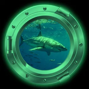 Close-up detail of the luminous marine shark porthole sticker, glowing green metallic effect.