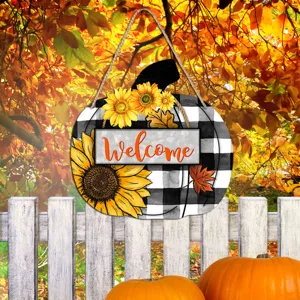 Autumn Thanksgiving wooden door hanger, buffalo plaid pumpkin with sunflowers and welcome sign.