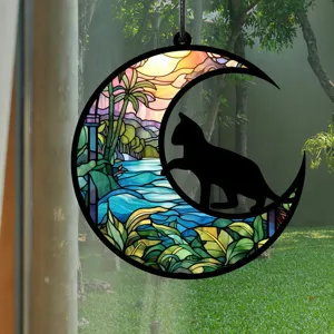 Mondsichel schwarze Katze Hängeschild UV gedruckt Glasmalerei Stil Innendekoration