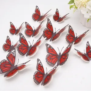 3D Holle Parel Papier Vlinder Muurstickers Rood Thuis Feest Bruiloft DIY Decor 12St