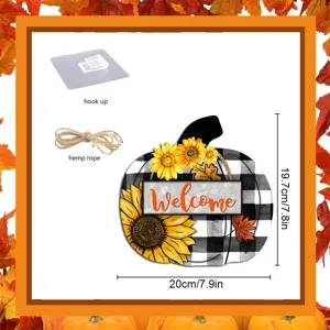 Fall pumpkin wooden door sign with sunflower and welcome text, includes rope and hook accessories.