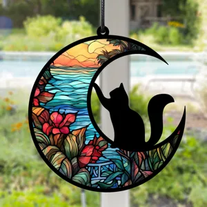 Buntglas Stil Mond Katze Hängeschild, UV gedruckter Fensterschmuck für Innendekoration.