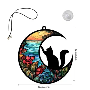 Buntglas Stil Mond Katze Hängeornament mit Saugnapf und Kordel, schöne Raumdekoration.