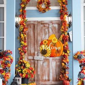 Autumn pumpkin wooden hanging sign for front door Thanksgiving party porch decor with sunflowers