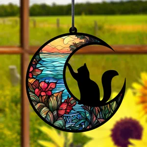 Buntglas Stil Mond Katze Hängeschild, schöne UV bedruckte Heim Innendeko Plakette.