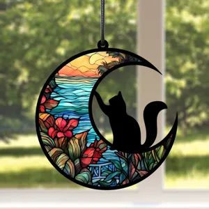Mond Katze Buntglas Stil Hängeschild, UV-gedruckte runde Innendekoration Detailansicht.