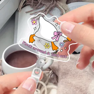 Cute silly goose acrylic badge reel with funny quote design detail, perfect for ID cards and keys work.