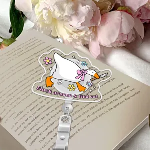 Silly goose badge reel detail view, cute acrylic retractable ID badge holder for work students.