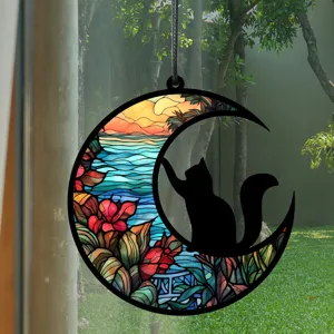 Buntglas Katze Mondsichel hängender Sonnenfänger Fenster Dekoration für Zuhause Zimmer