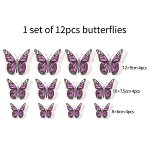 Set van 12 stuks paarse 3D holle parelpapier vlinder muurstickers voor huisdecoratie.