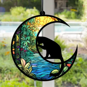 Buntglas Mond schwarze Katze Fenster Hängende Suncatcher, tropische Dschungel Wanddekoration.