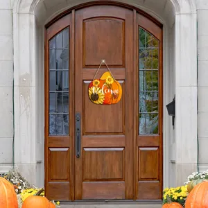Fall Thanksgiving wooden pumpkin door sign with sunflower decor for autumn porch party hanging.