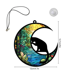 Buntglas-Stil schwarze Katze Mond Hängeornament mit Kordel und Saugnapf für Heimdekoration.