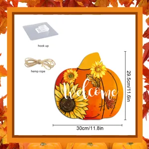 Autumn pumpkin wooden hanging sign with sunflowers and welcome text, party porch decor.