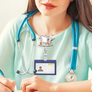Detailed view of cute silly goose badge reel with ID card holder, perfect for medical staff.