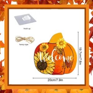 Thanksgiving wooden pumpkin hanging sign with sunflower, welcome decor for autumn home porch.