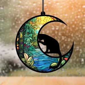 Buntglas Mond schwarze Katze Hängeornament Acryl Fensterscheibe Zuhause Zimmer Innendekor