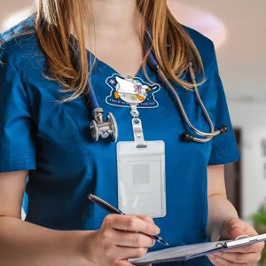 Silly goose badge reel with transparent ID card holder, perfect for nurses and medical staff.