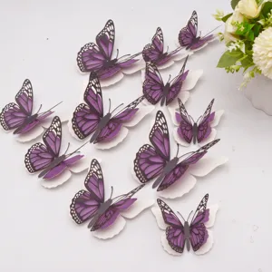 3D drielaagse holle parelmoer papier vlinder muurstickers, 12st paars huisdecoratie.