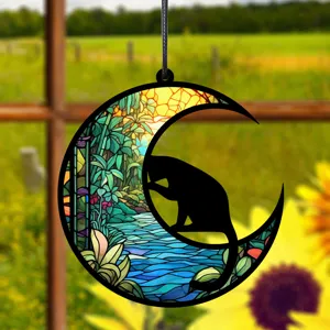 Buntglas Mond Katze Hängeornament, wunderschöne Acryl Fensterdekoration für das Zuhause.