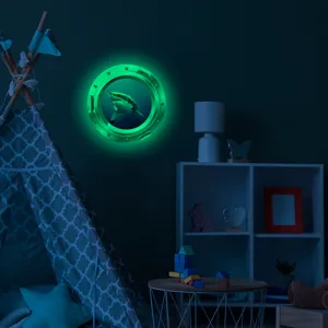 Glow in the dark luminous shark porthole wall sticker for kids bedroom decor items.