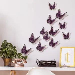 3D holle parelmoer papier vlinder muurstickers, paarse huwelijksdecoratie, 12 stuks