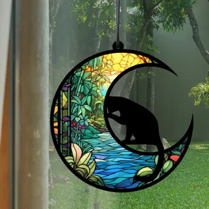 Buntglas Stil Mond schwarze Katze Hängedekoration, schönes Fenster Deko Element.
